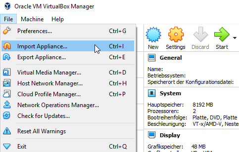 VirtualBox appliance import screenshot