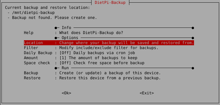 DietPi-Backup menu screenshot