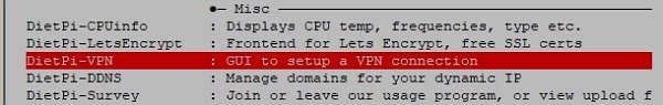 DietPi-Launcher menu screenshot showing DietPi-VPN entry