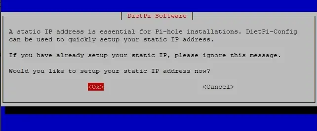 Pi-hole install static IP confirmation prompt