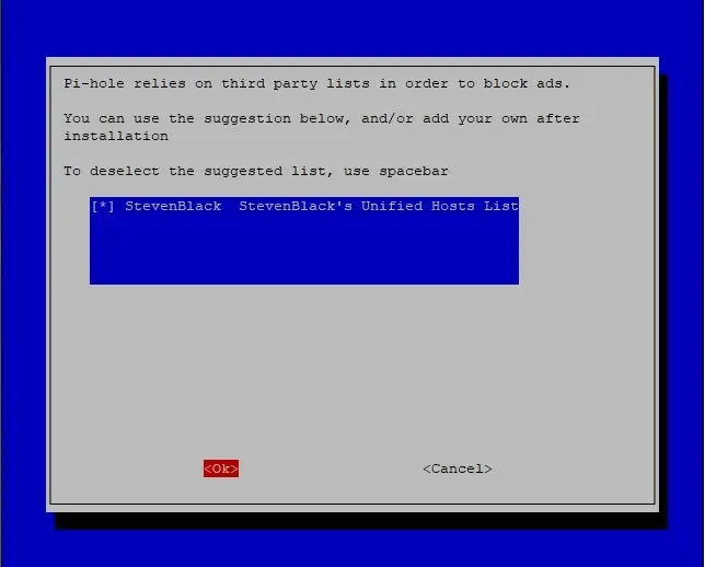 Pi-hole installer select block list
