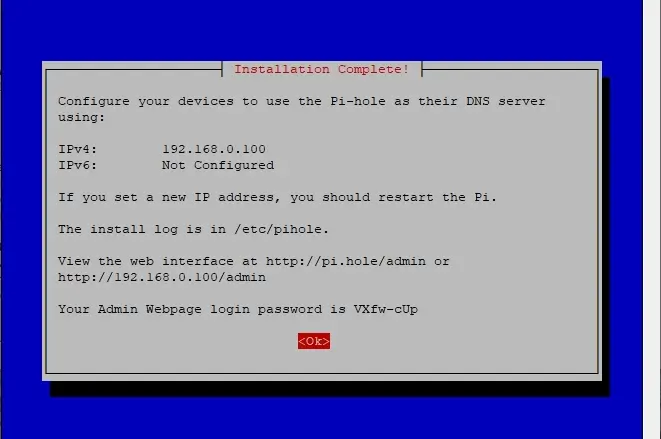 Pi-hole installer final info prompt