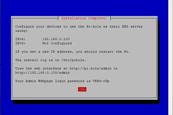 Pi-hole installer final info prompt