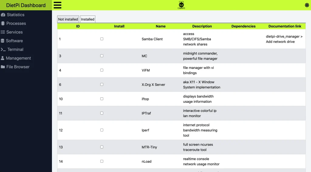 DietPi-Dashboard software page