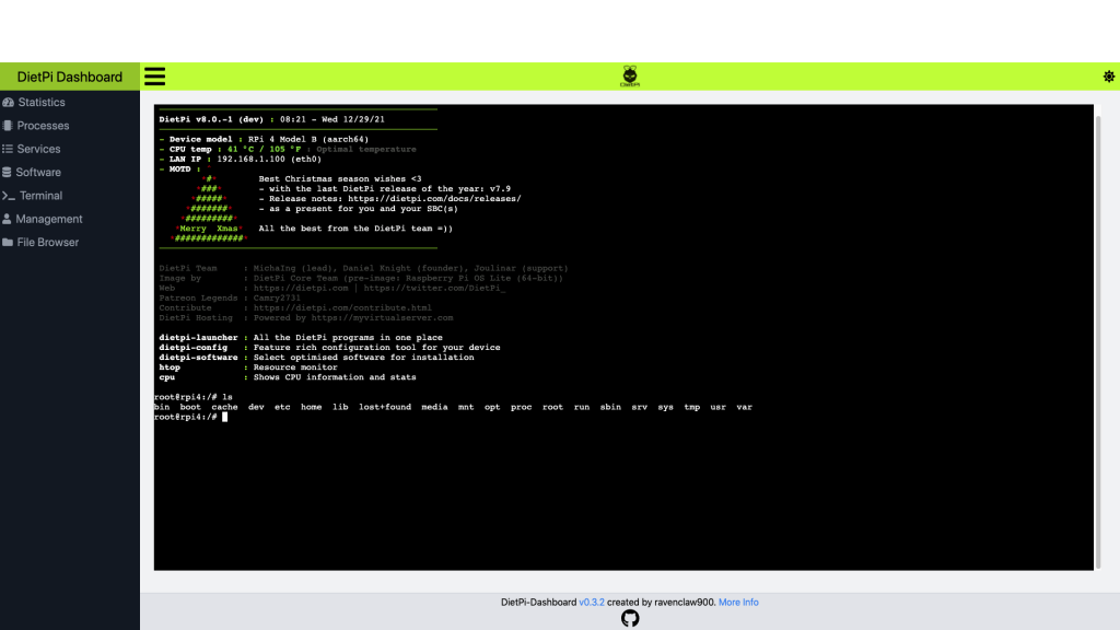 DietPi Dashboard Terminal page