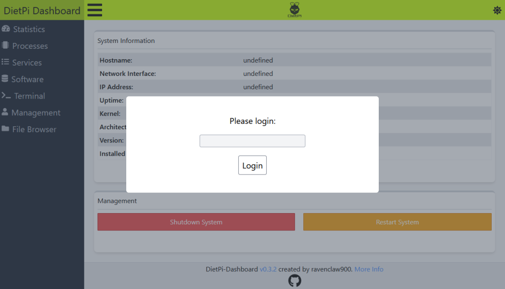 DietPi Dashboard password prompt