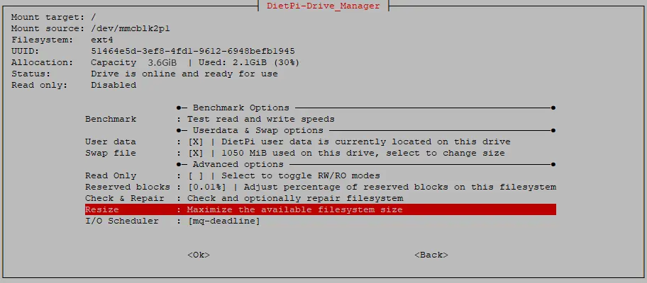 DietPi-Drive_Manager screenshot drive menu