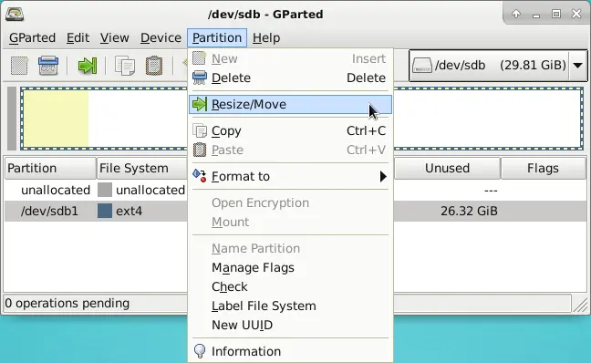 GParted screenshot partition menu