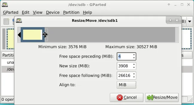 GParted screenshot shrinking partition
