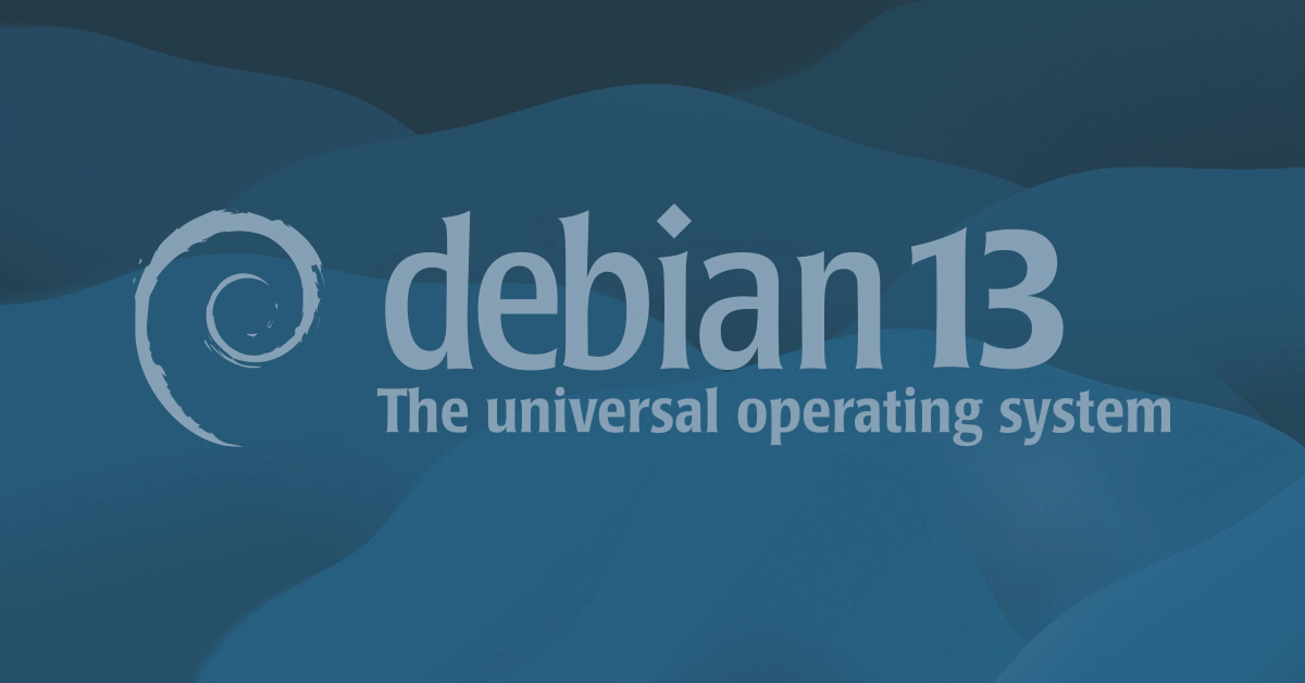 Debian 13 Trixie banner based on the original Debian 13 theme "Ceratopsian" by Elise Couper. The background shows organic forms in blue shares. The foreground shows the Debian logo on the left side, the text "debian 13" and smaller "The universal operating system", in the Poppl-Laudatio Debian font and light grey-blue color.