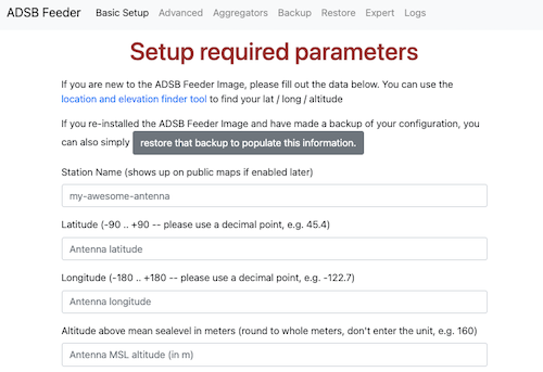 ADS-B Feeder Setup Page