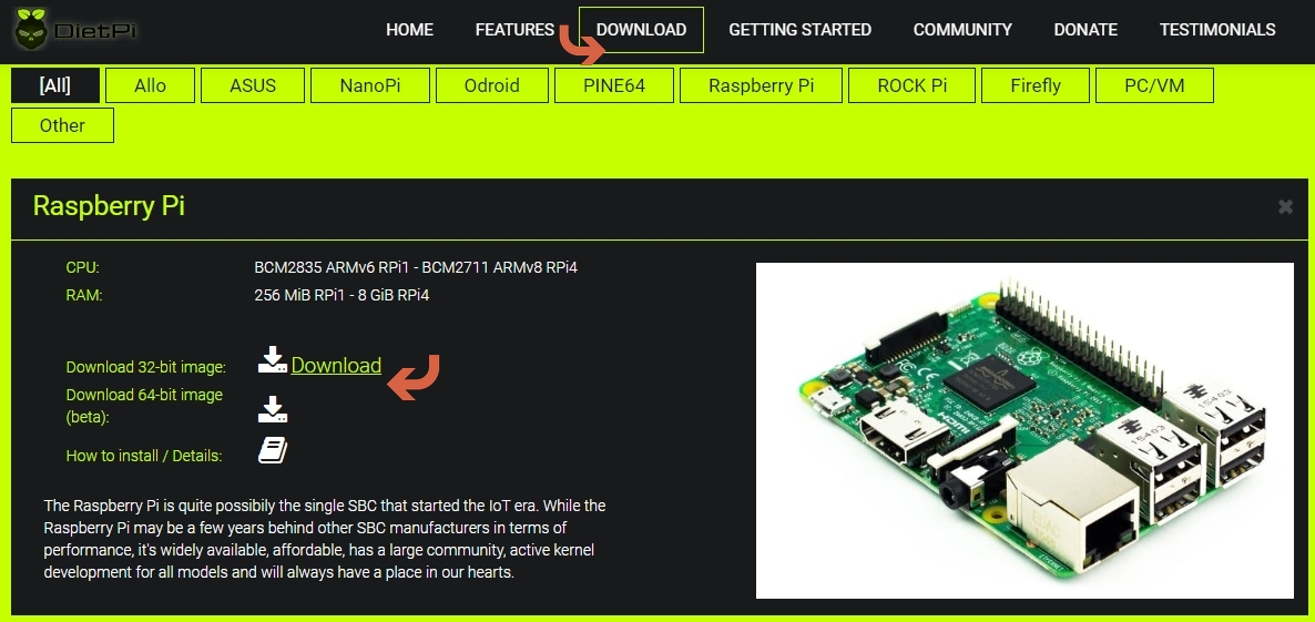 DietPi for Raspberry Pi download page