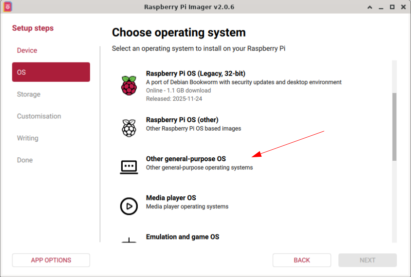Raspberry Pi Imager OS selection
