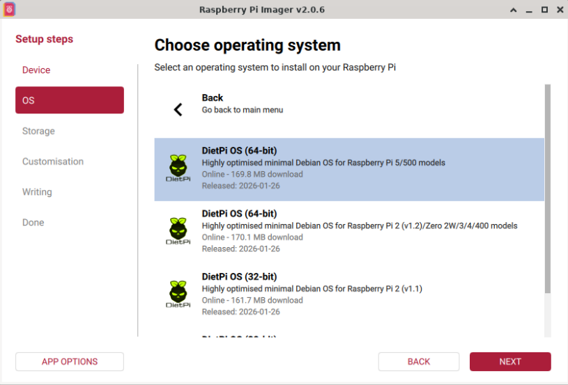 Raspberry Pi Imager DietPi image selection