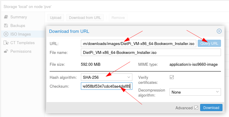 Proxmox ISO file download dialog