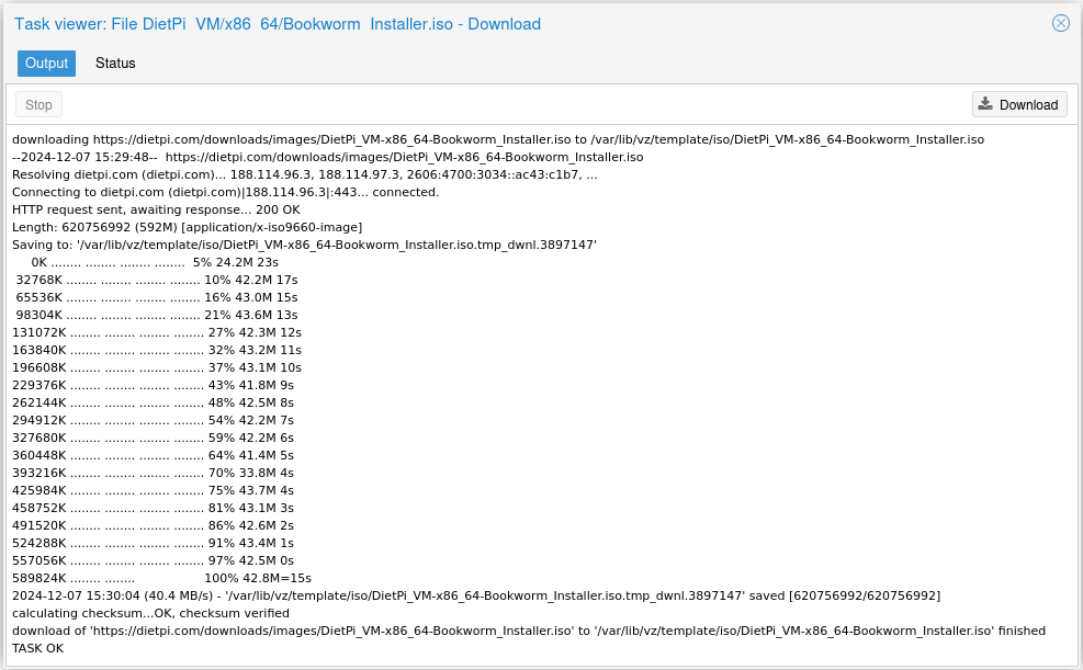 Proxmox ISO file download status dialog