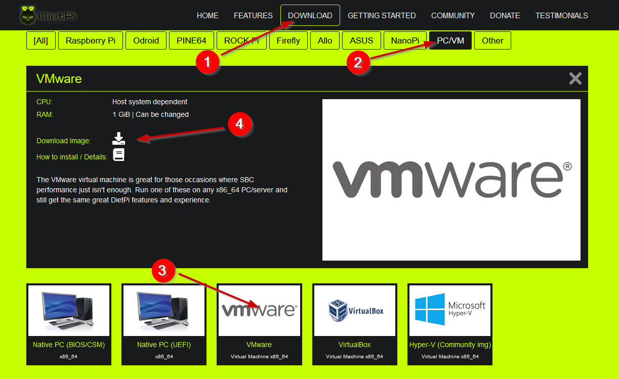 Download VMware image from DietPi website