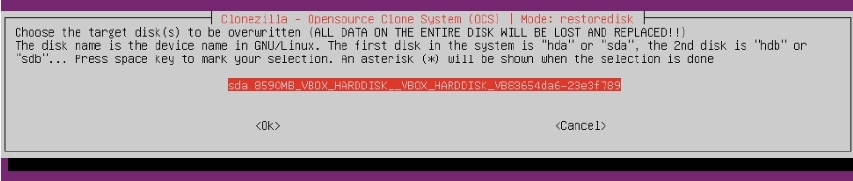Clonezilla target drive selection screenshot