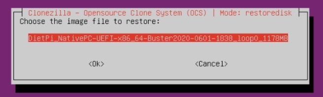 Clonezilla source image selection screenshot