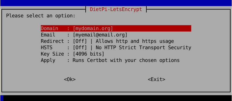 DietPi-LetsEncrypt configuration screenshot