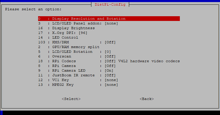 The image shows a screenshot of the dietpi-config display options dialogue on a Raspberry Pi 5