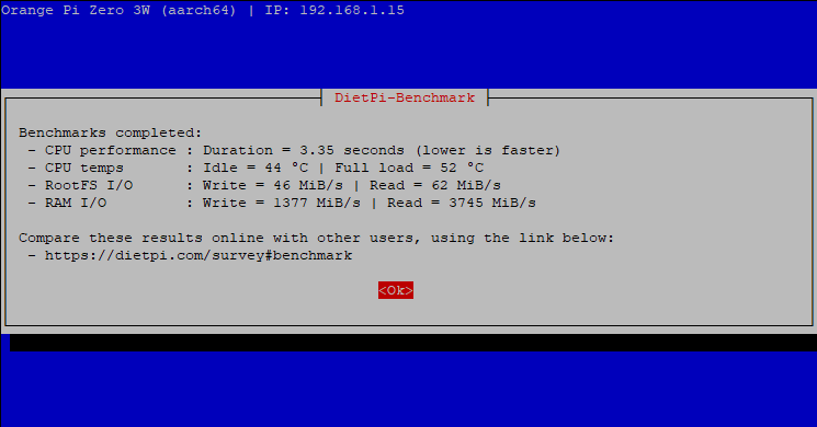 dietpi-benchmark results on an Orange Pi Zero 3W The image shows a screenshot of the dietpi-benchmark results dialogue on an Orange Pi Zero 3W.