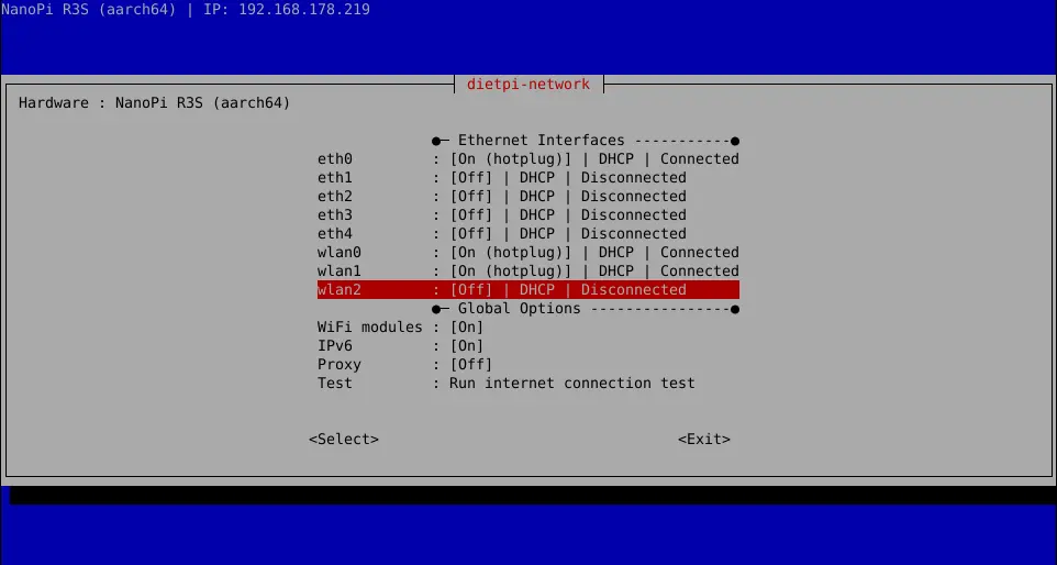 The image shows a screenshot of the new tool dietpi-network with many interfaces.