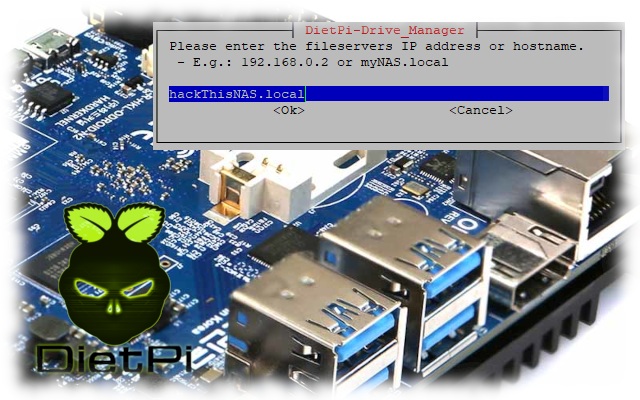 Odroid N2 photo with DietPi logo and DietPi-Drive_Manager screenshot