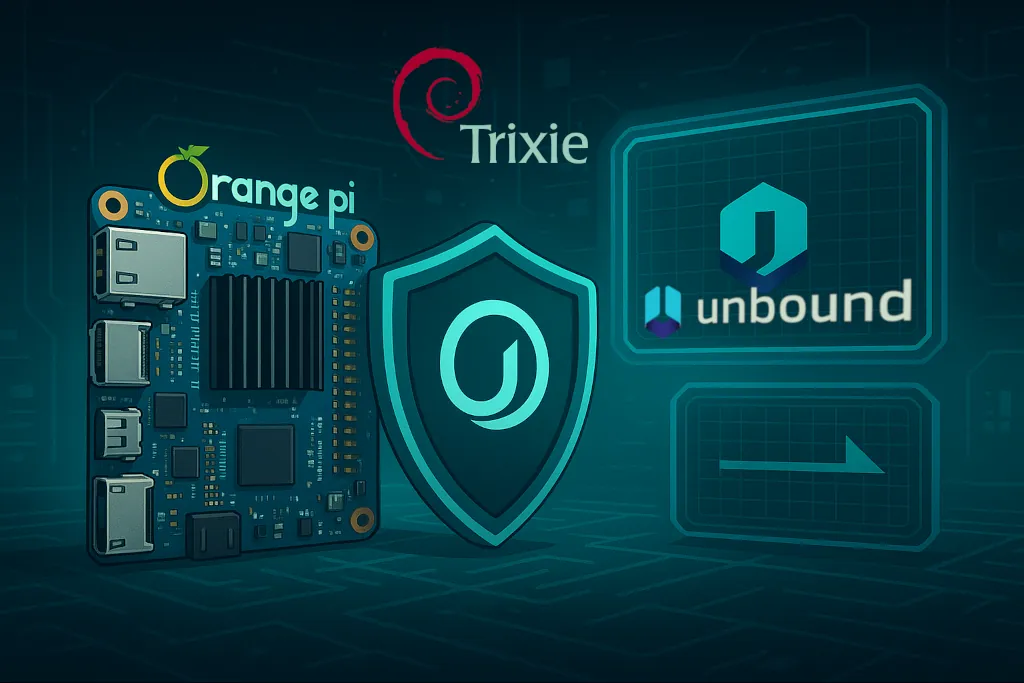 An image composition which resembles an SBC at the left side, with the Orange Pi logo above, the Unbound logo at the right side, and the Debian logo with "Trixie" text on the upper centre area, embedded into a greenish painted-style futuristic room with display panel and data line elements.