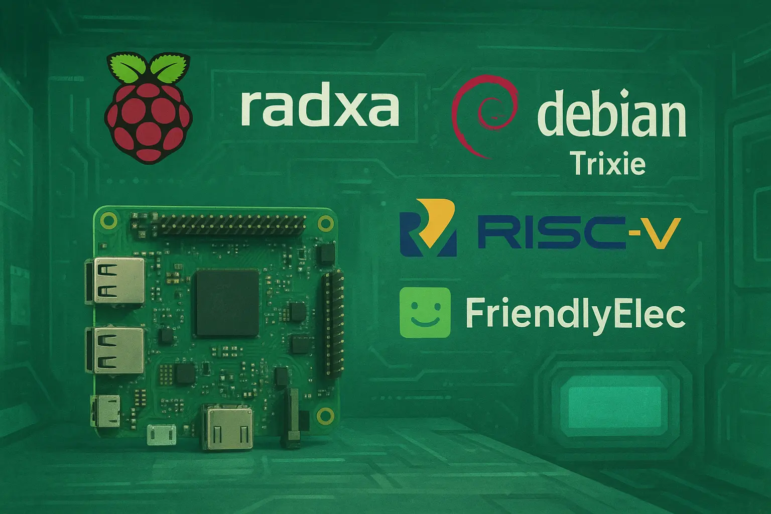 An image composition which resembles an SBC at the left side, with the Raspberry Pi logo and Radxa logo above, the RISC-V logo at the right side, a FriendlyELEC logo below the RISC-V logo and the Debian logo with "Trixie" text on the upper centre area, the Debian logo with "Forky" text on the right side of the Trixie logo, embedded into a greenish painted-style futuristic room with display panel and data line elements.