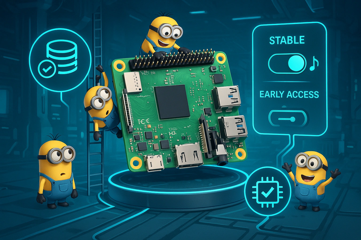 The image presents a single-board computer within a futuristic facility setting in a 3D comic art style. 3 pregnant symbols around the SBC show a storage with a tick, a stable/early-access toggle with a music note, and a microchip with a tick on it respectively. 4 minions are around, climbing a ladder, touching the GPIO pins of the SBC, and cheering respectively.