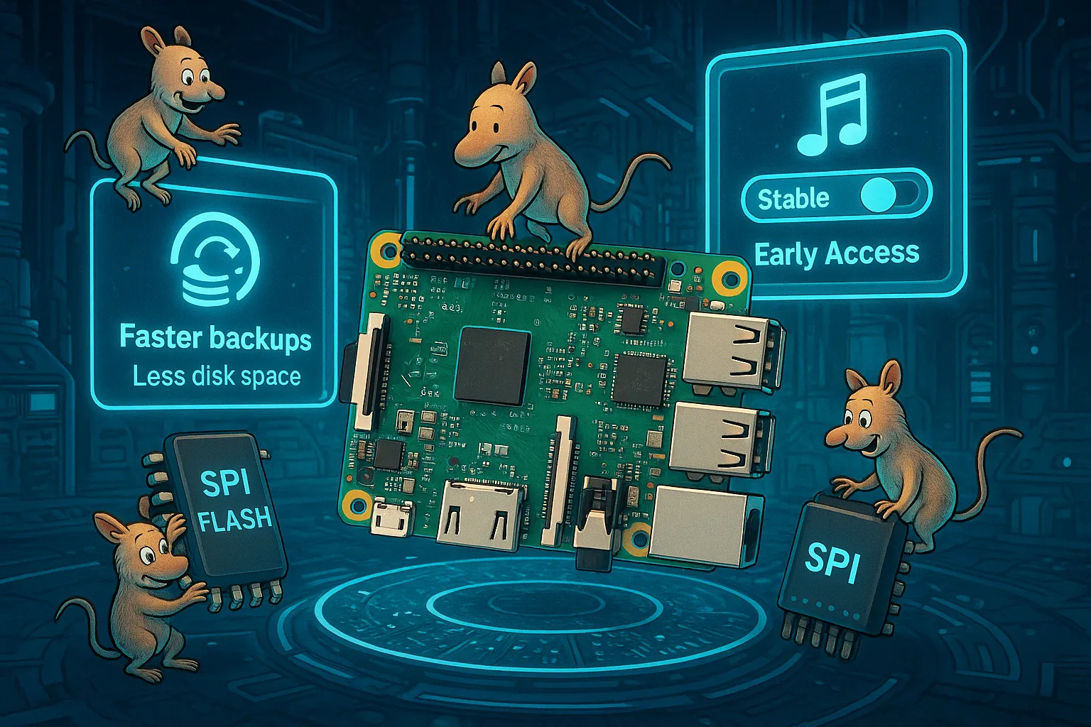Futuristic OS Launch The image presents a single-board computer within a futuristic facility setting in a 3D comic art style. 3 pregnant symbols around the SBC show a storage with a tick, a stable/early-access toggle with a music note, and a microchip with a tick on it respectively. 4 minions are around, climbing a ladder, touching the GPIO pins of the SBC, and cheering respectively.