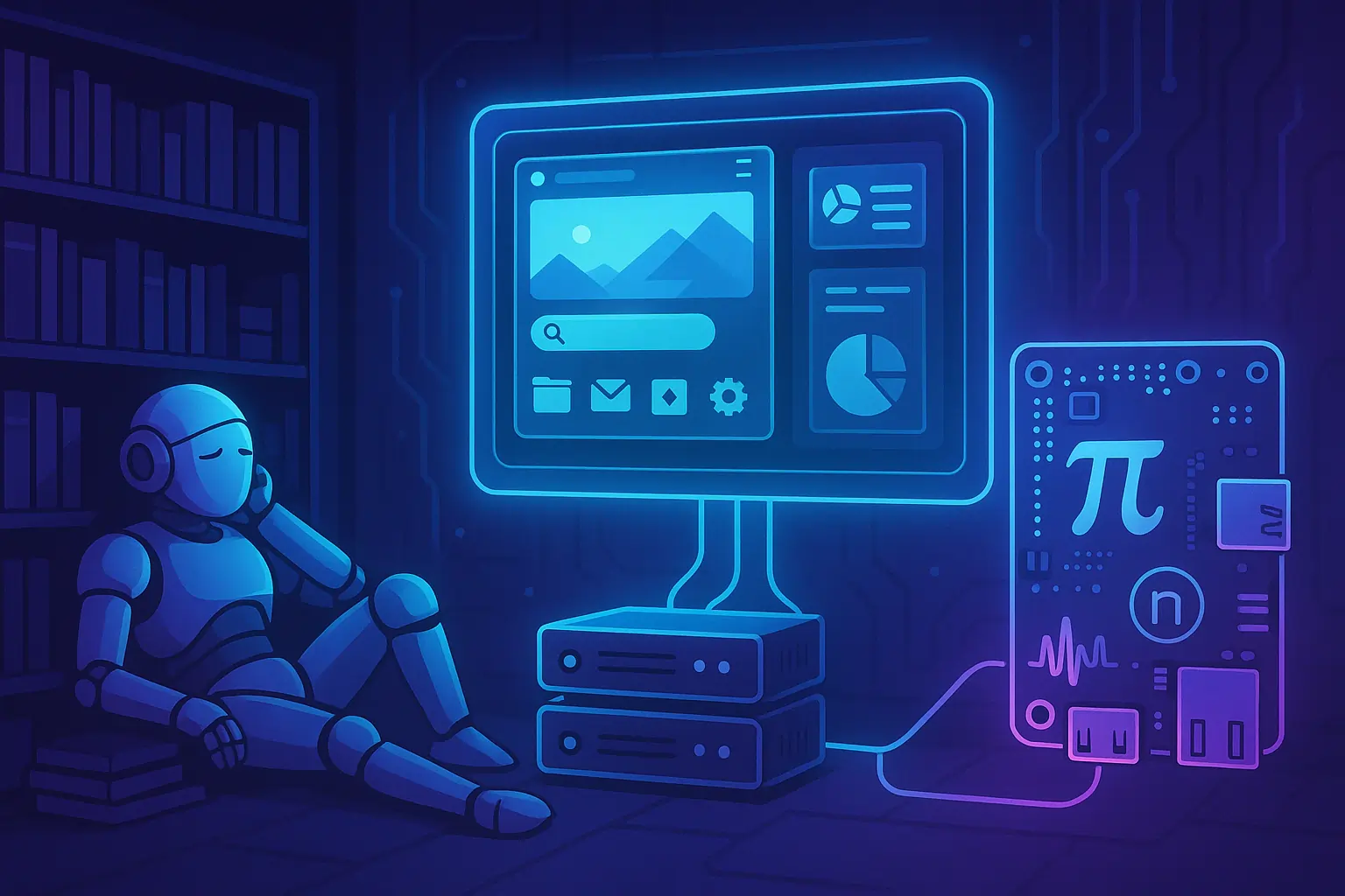 The image shows a futuristic room in comic art style with a violet to cyan colour scheme. There is a library bookshelf at the left wall with a sleeping robot sitting and leaning against it. The centre of the image shows a holographic screen showing some dashboard, attached to two computer systems below it. At the right side there is a single-board computer, attached to the other computers, with a Pi (number) sign and a small "n" in a cycle on it.