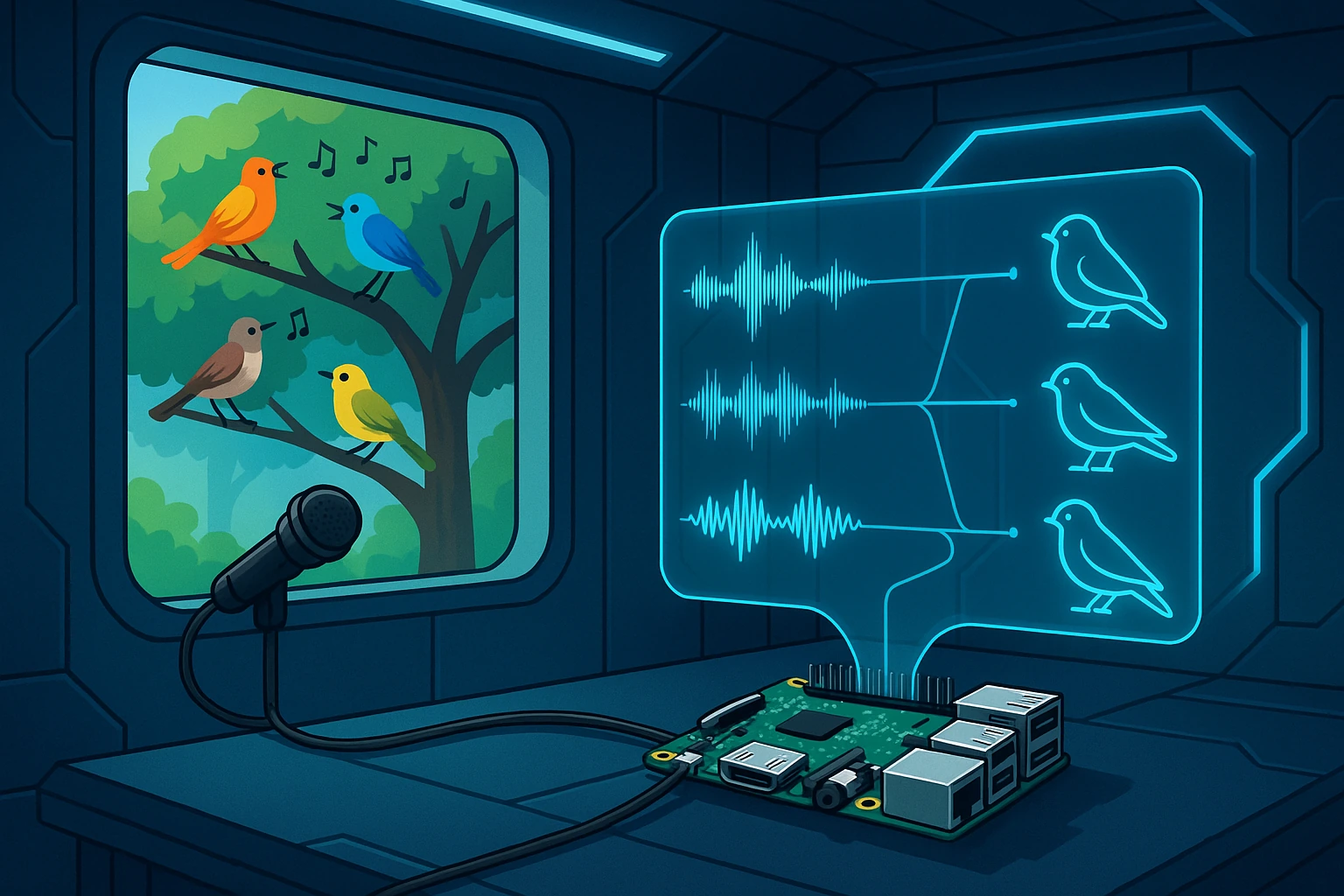 The image shows a futuristic room with a large window in the back. One can see a tree with 4 singing birds through the window. Inside of the room is a table with a microphone close to the window, connected to a single-board computer on the right side of the image. Above is a holographic screen which shows audio waves on the left, mapped to birds on the right side of the screen.