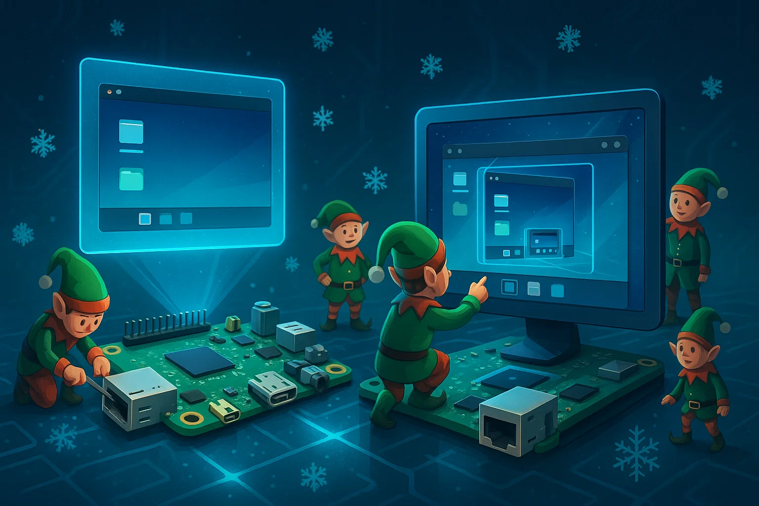 The image shows a futuristic environment with two single-board computers, each with a screen attached. The screen on the right side shows the desktop of the other screen in a window, indicating a remote desktop session. 5 Christmas elves can be seen, one of them tinkering on a port of the left-side single-board computer, anther one pointing at or touching the right-side screen. Some snow flakes decorate the image.