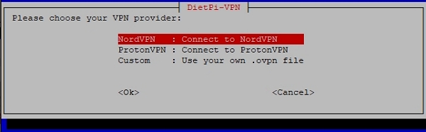 DietPi-VPN provider selection menu screenshot