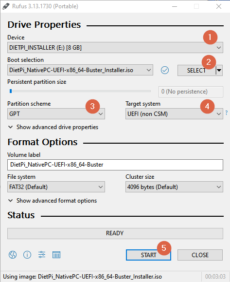 Rufus UEFI installer image selections screenshot