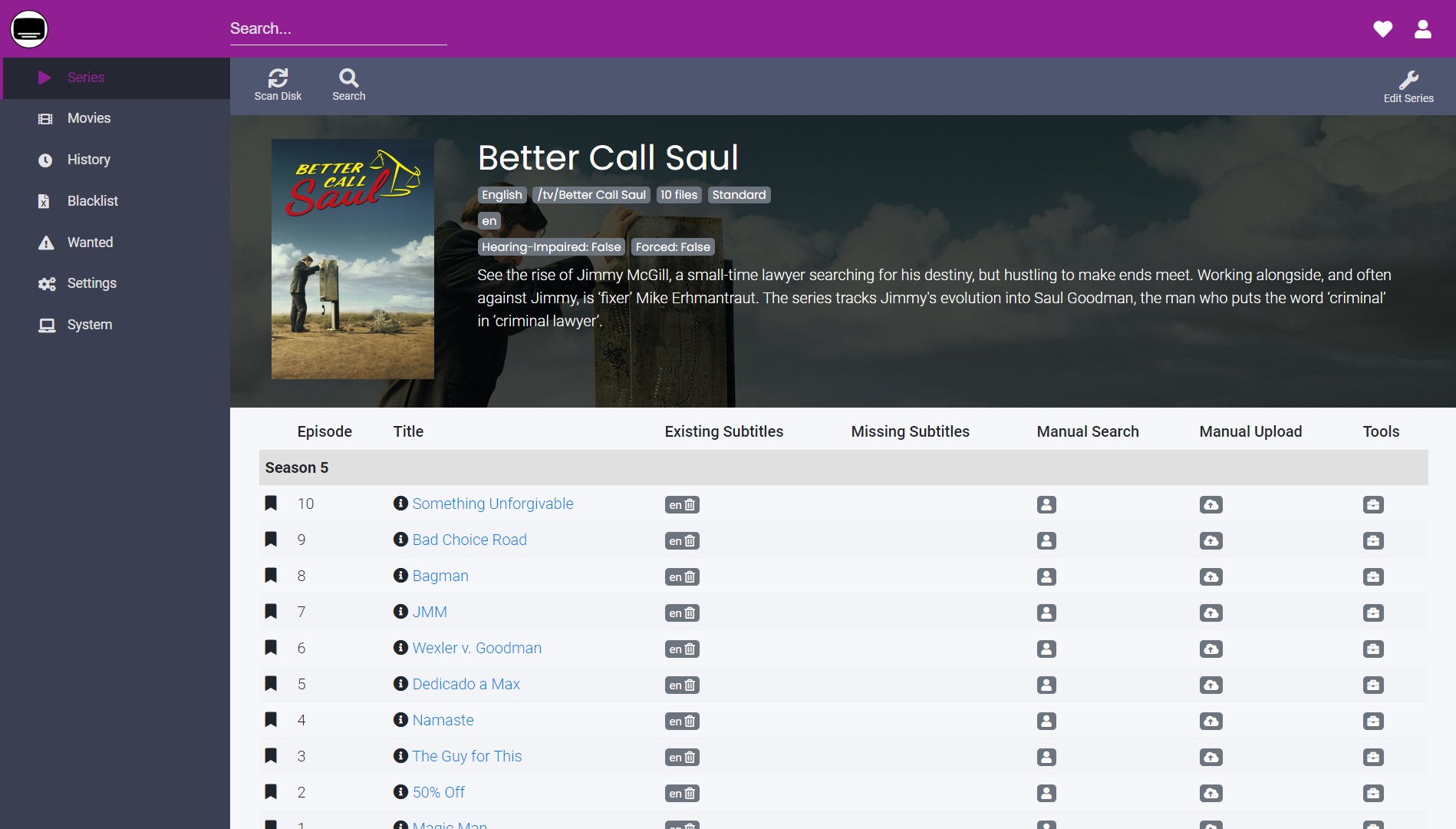 Bazarr web interface screenshot
