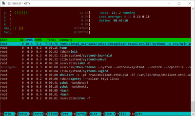 htop screenshot showing Google AIY Voice Kit service running