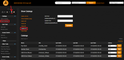 Ampache web interface screenshot with database update instructions