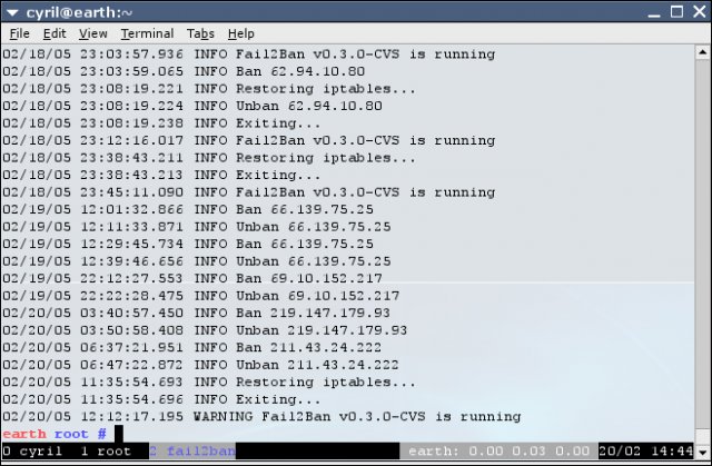 Fail2Ban example console logs output