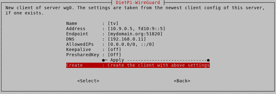 DietPi-WireGuard add client DietPi-WireGuard add client screenshot