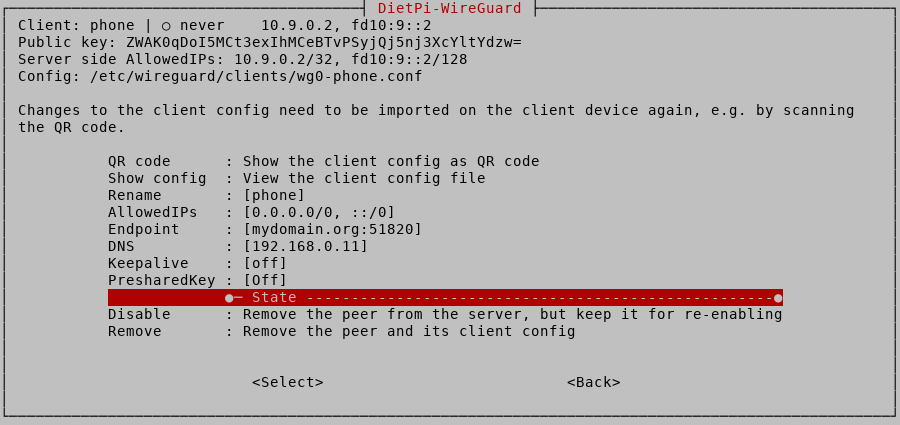 DietPi-WireGuard client menu DietPi-WireGuard client menu screenshot