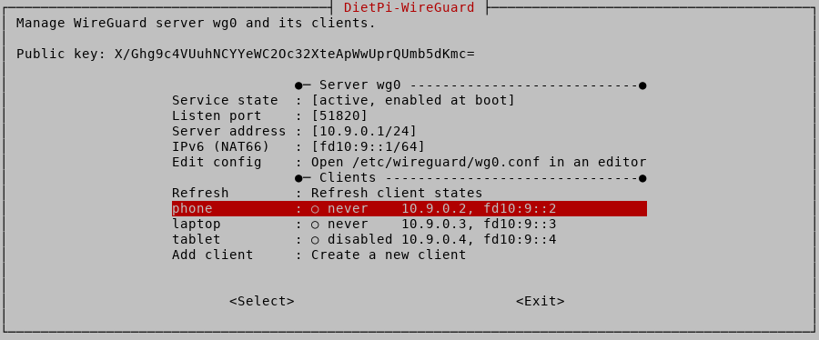 dietpi-wireguard main menu showing server and client configuration options.